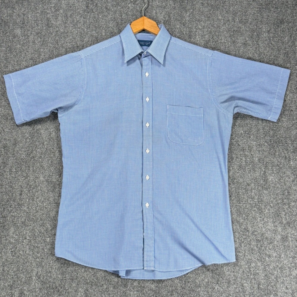 Vintage 80s Towncraft Men's 15.5 Blue Gingham Short Sleeve Button Up Shirt